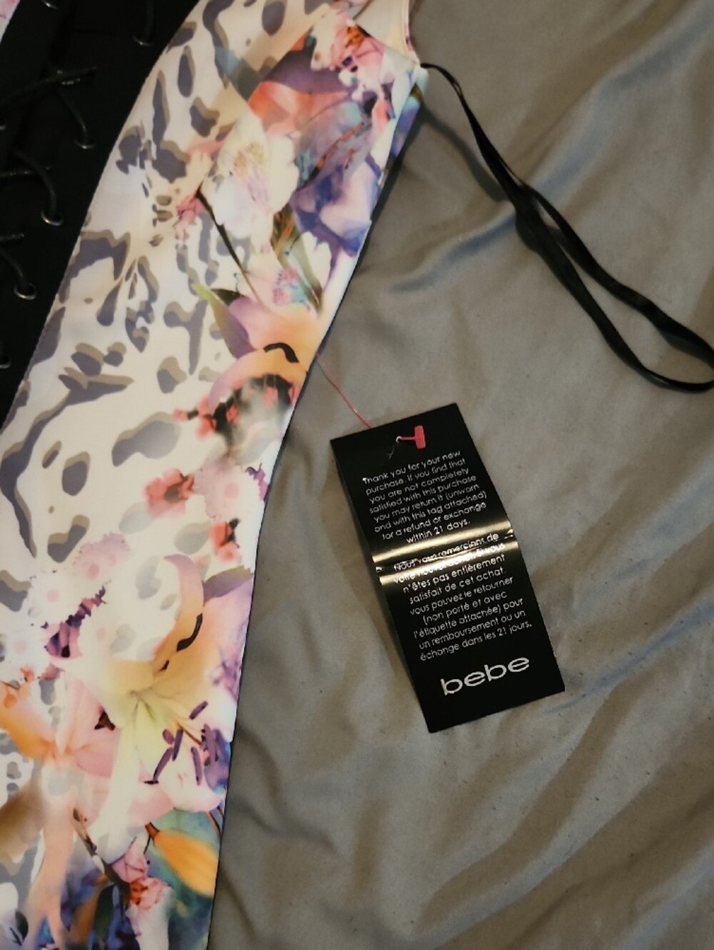 bebe Multicolor Floral & Animal Print Lace-Up Mini Dress with Black Trim - Picture 4 of 7